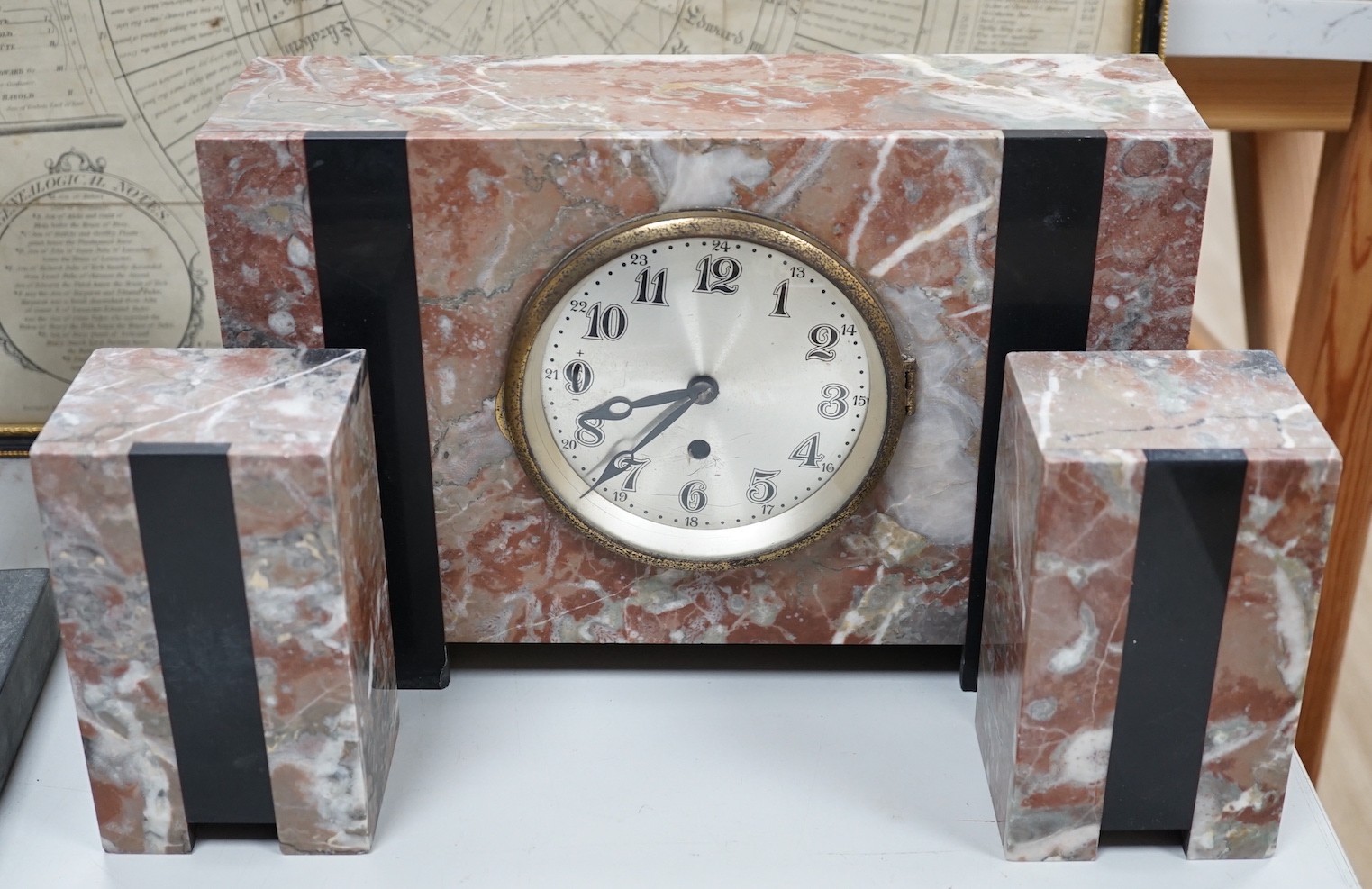 An Art Deco marble clock garniture